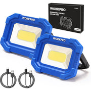 Two-pack of blue rechargeable portable LED work lights with COB panels and charging cables.