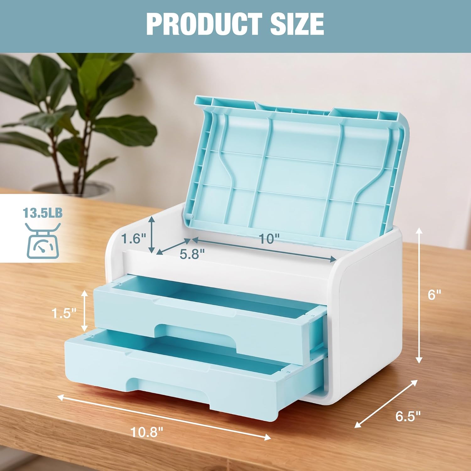 Blue and white desktop drawer organizer with flip-top lid and two drawers, compact