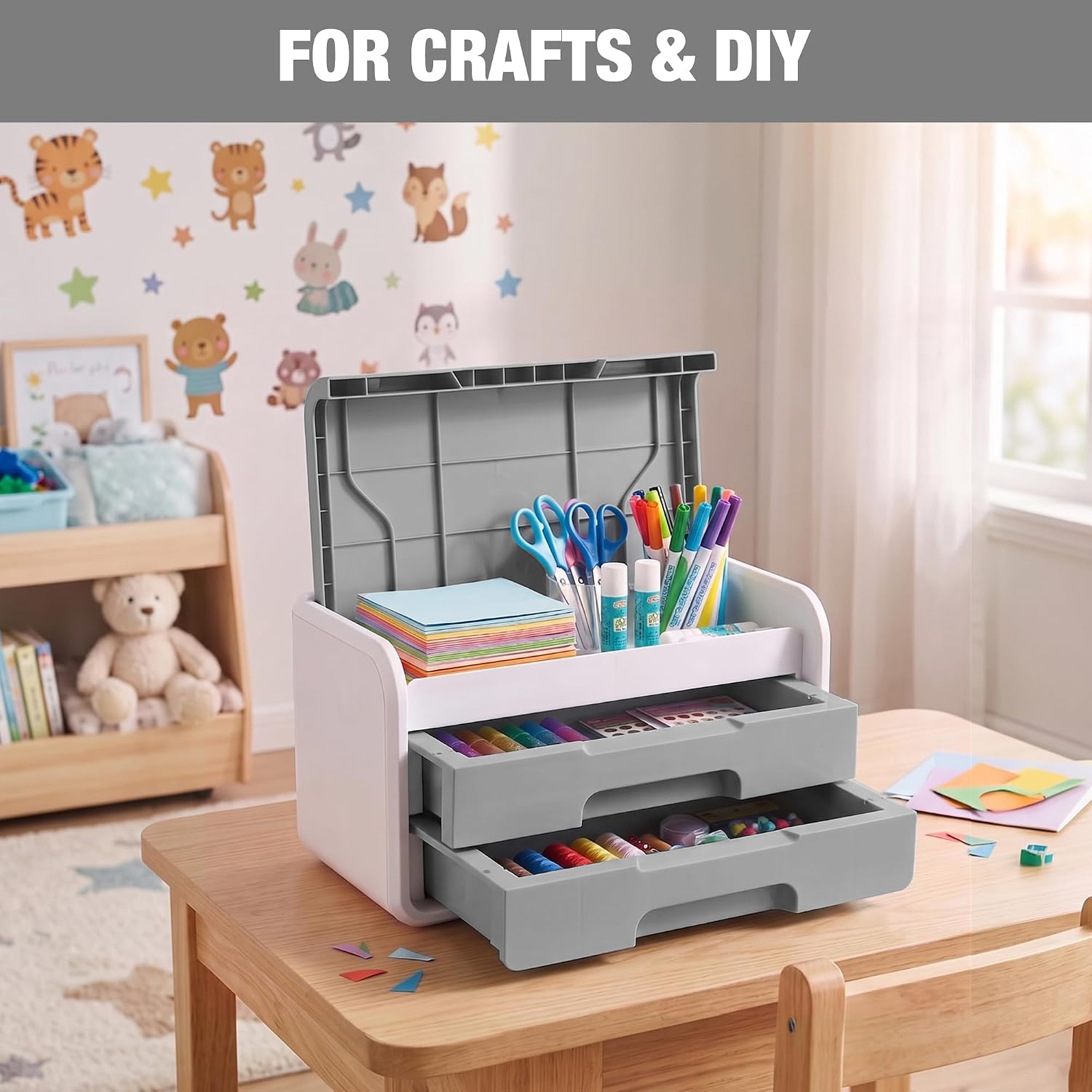 Grey and white desktop drawer organizer with flip-top lid and two drawers, open for crafts