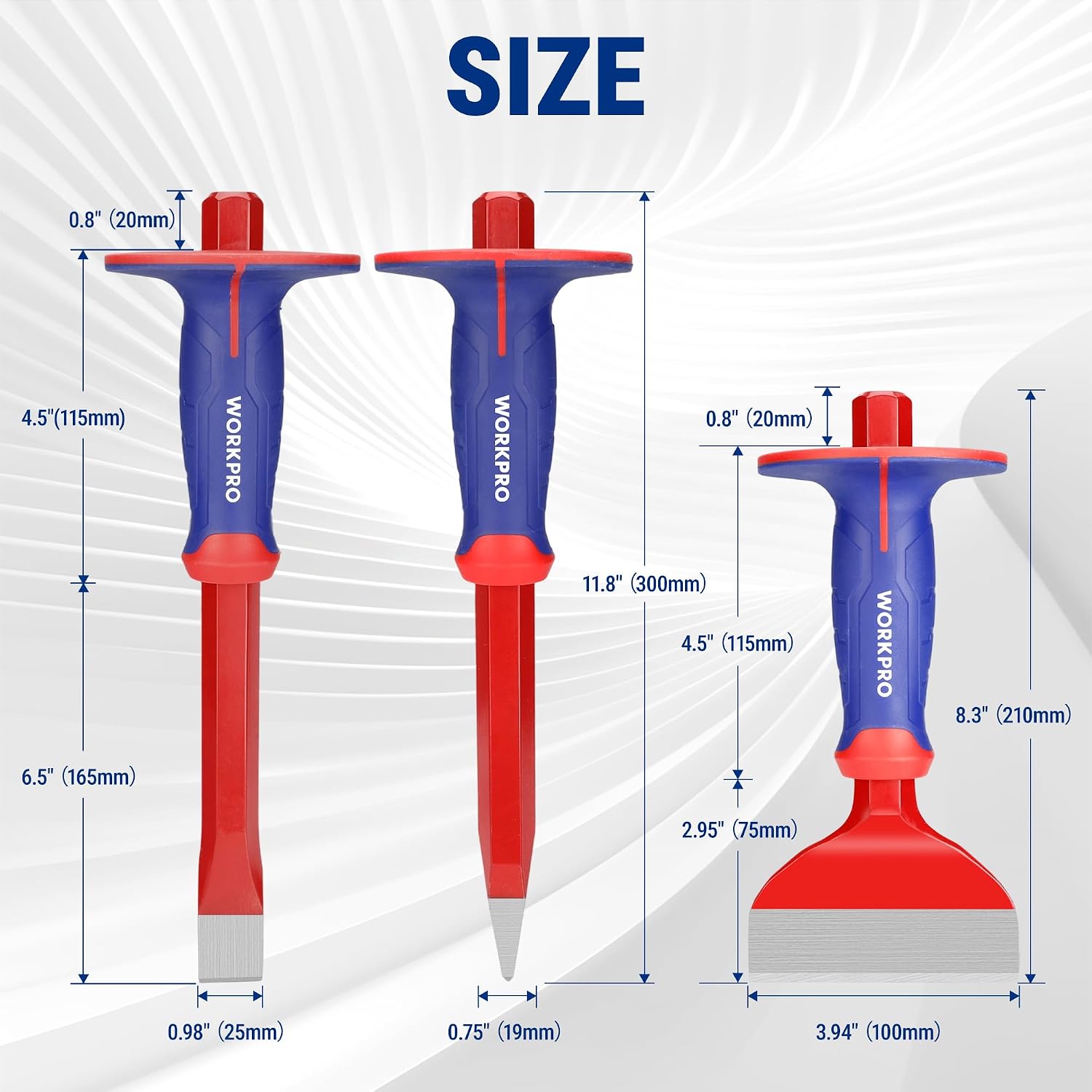 WORKPRO 3-piece masonry chisel set with protective hand guard, blue and red handles, steel chisel blades