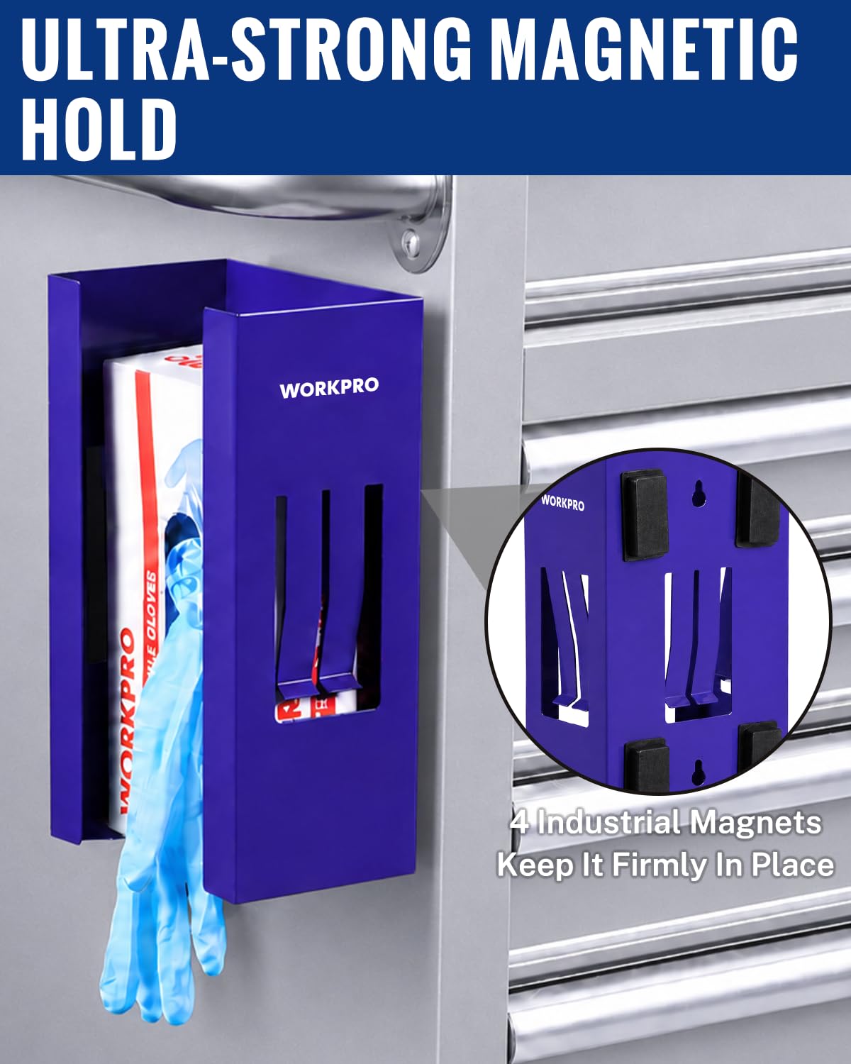 WORKPRO Magnetic Glove Dispenser, Heavy Duty Steel Glove Box Holder with 4 Strong Magnets, Wall Mount Glove Holder for Nitrile Gloves, Garage, Workshop, Warehouse and Laboratory