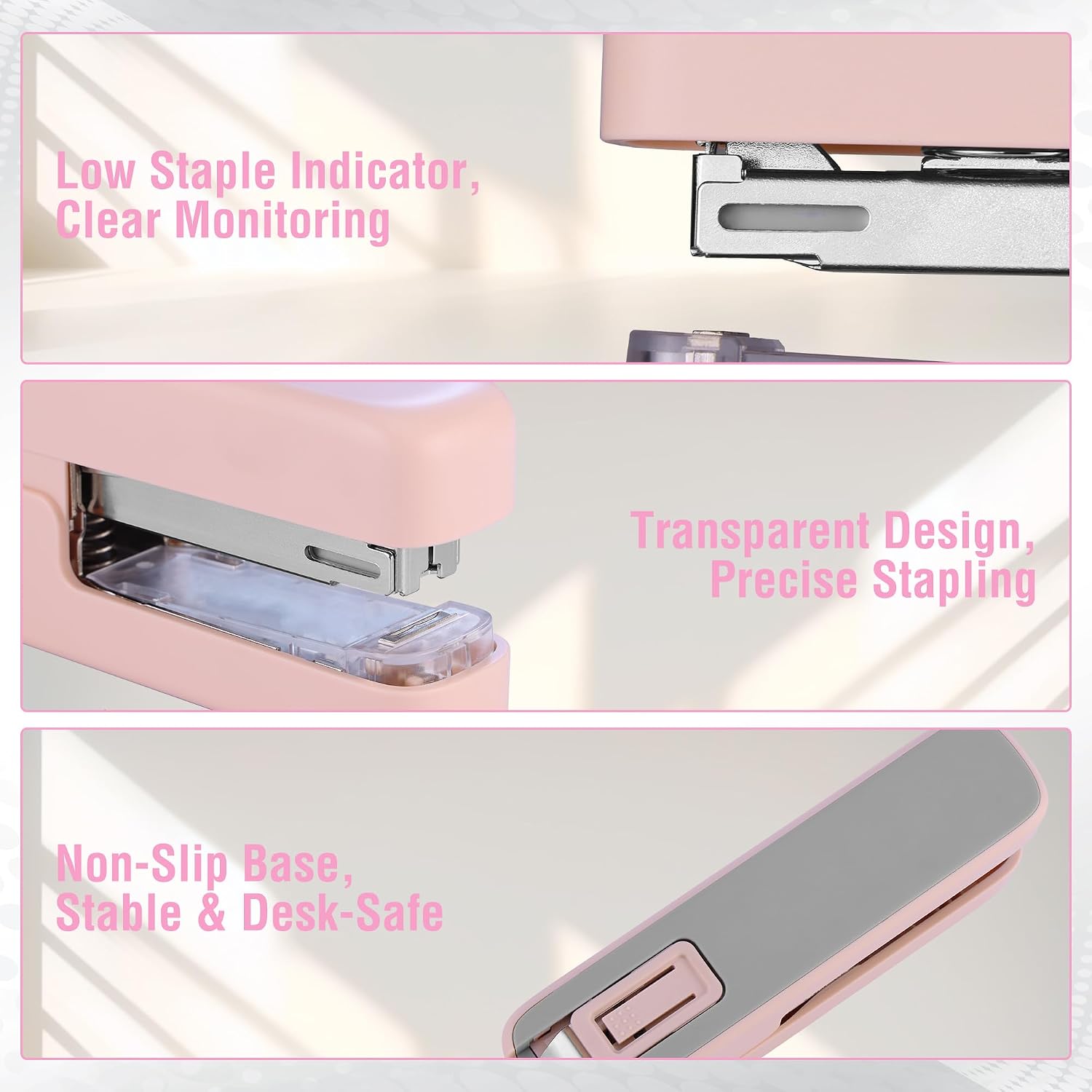 WORKPRO 2-in-1 stapler in pink with secure anti-slip base, innovation quality and durable desktop stapling