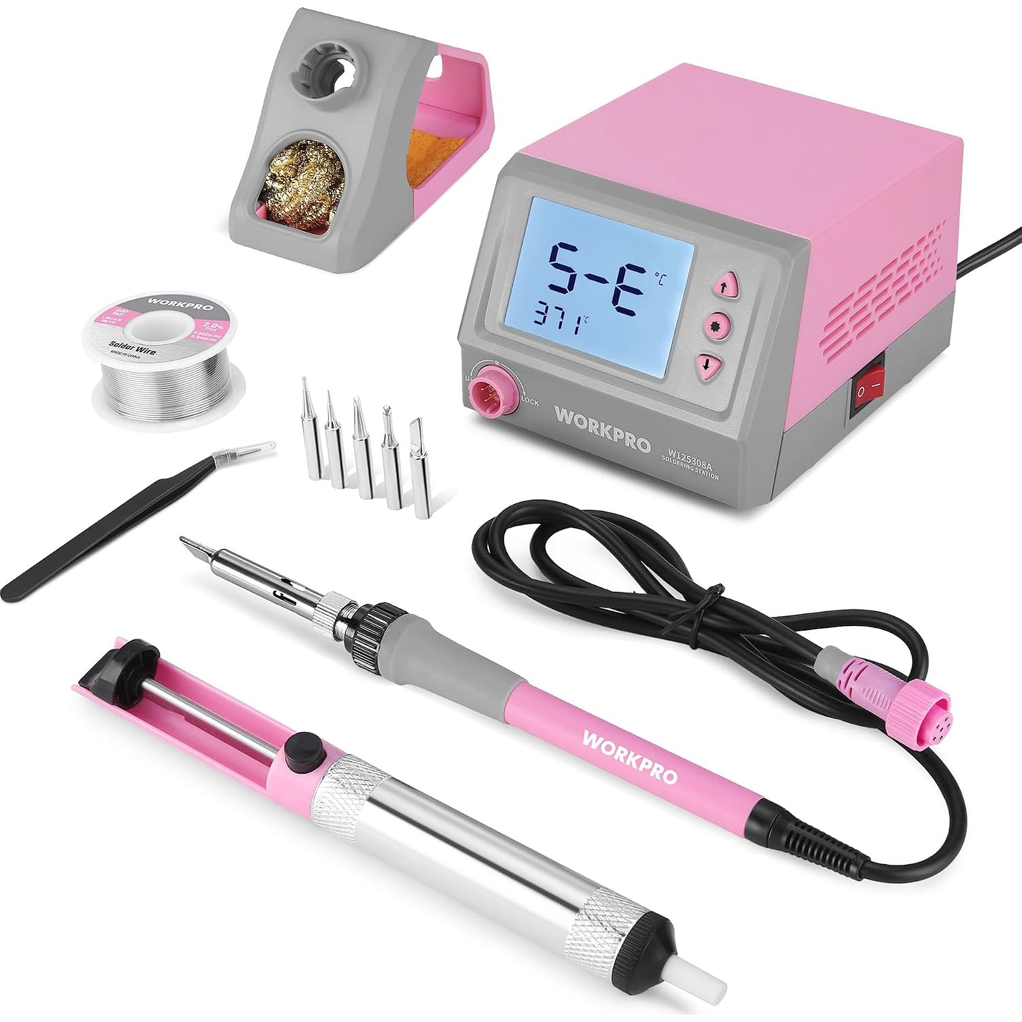 WORKPRO soldering station kit in pink and gray with innovation, quality, secure, durable, convenient features