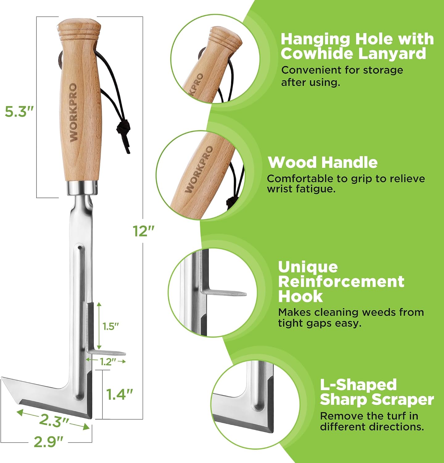 12 in crack weeding tool with beech wood handle, hanging loop, and L-shaped scraper