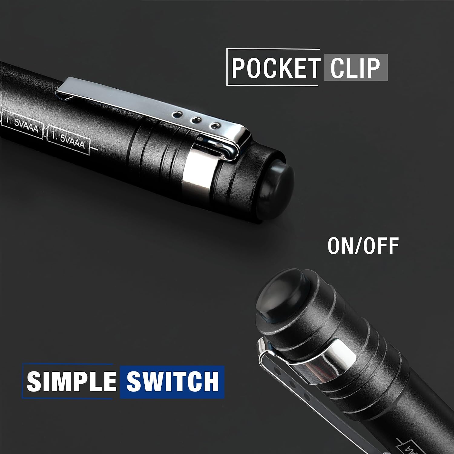 Black LED pen flashlight with metal pocket clip and ON/OFF switch