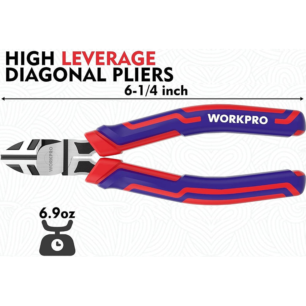 Diagonal pliers, 6-1/4 in wire cutters with red and blue grips and black jaws