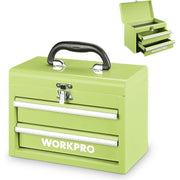 Portable mini metal tool box, lime green, black handle, two drawers with front storage bars