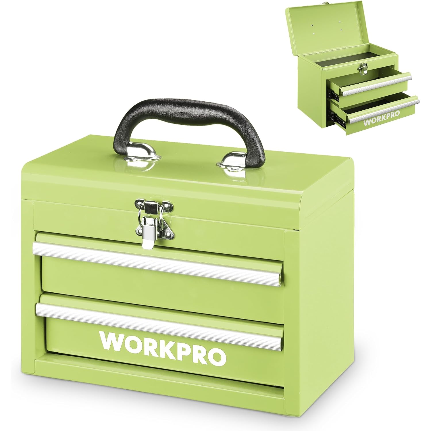 Portable mini metal tool box, lime green, black handle, two drawers with front storage bars