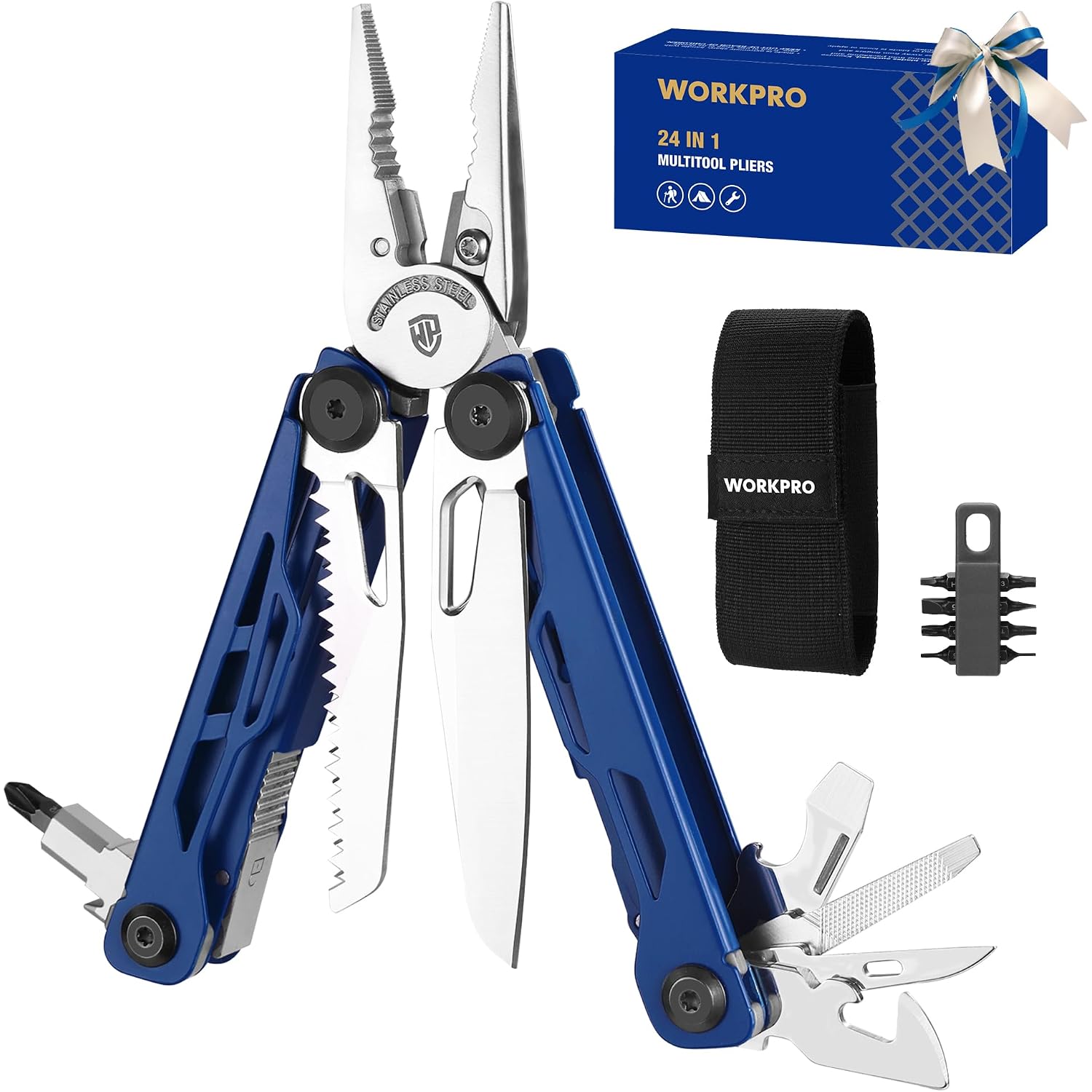 Blue 24-in-1 WORKPRO multitool with black belt sheath and included screwdriver bits