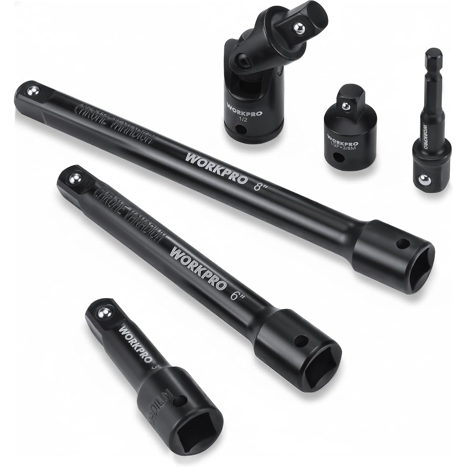 Black 1/2-in drive extension bars set with universal joint and socket adapter pieces
