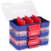 Closed stackable small parts organizer with clear lid, red push latches, and blue body