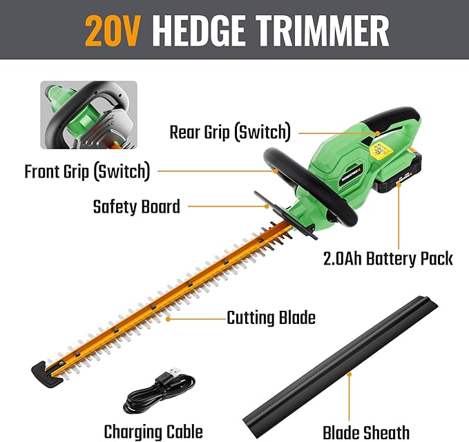 Green cordless hedge trimmer with 22-inch dual-action blade and safety guard