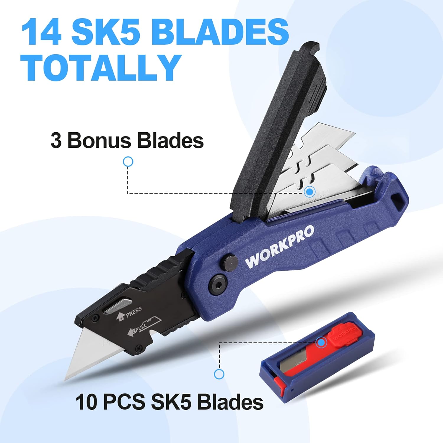 WORKPRO Folding Utility Knife, Quick Change Box Cutte 13 Extra Blades Included, Blue