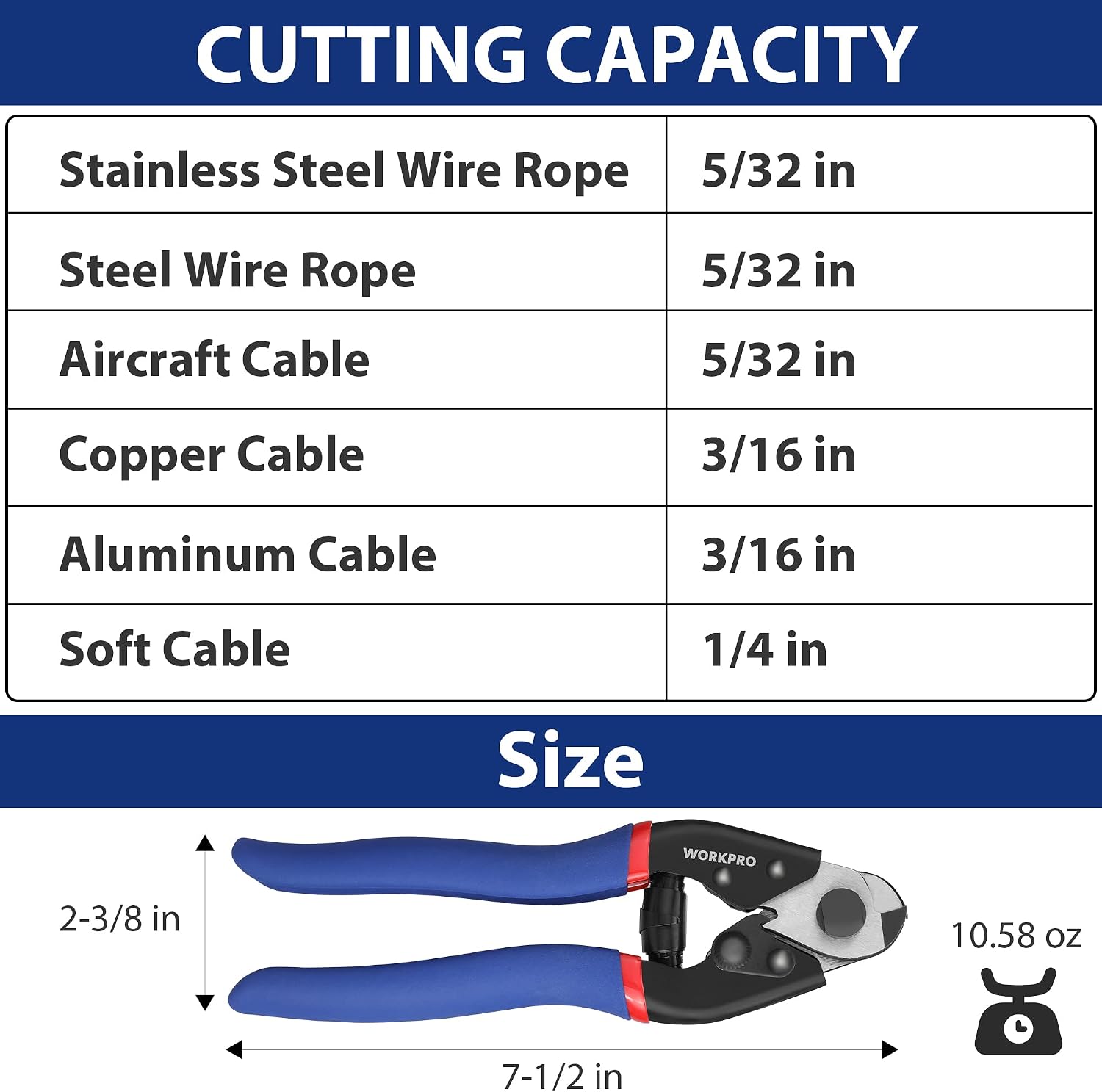 Cable cutter tool with blue handles and black jaws for cutting wire rope and cables