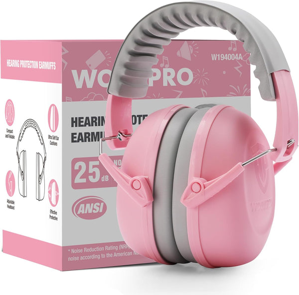 WORKPRO Safety Ear Muffs, NRR 25 dB, Noise Cancelling Headphones for Kids-Pink Ribbon