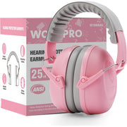 Pink and gray over-ear ear muffs beside retail box, padded hearing protection for kids.