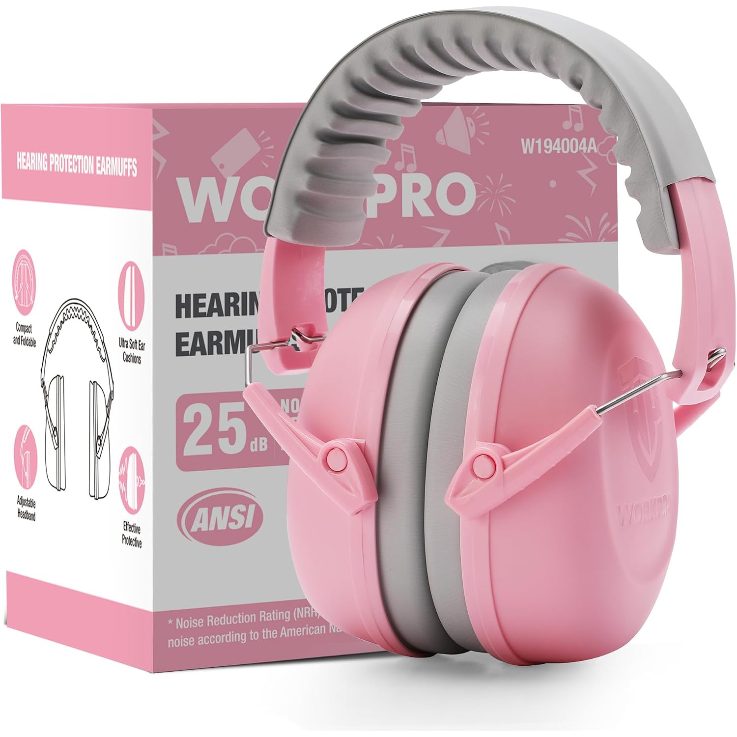 Pink and gray over-ear ear muffs beside retail box, padded hearing protection for kids.