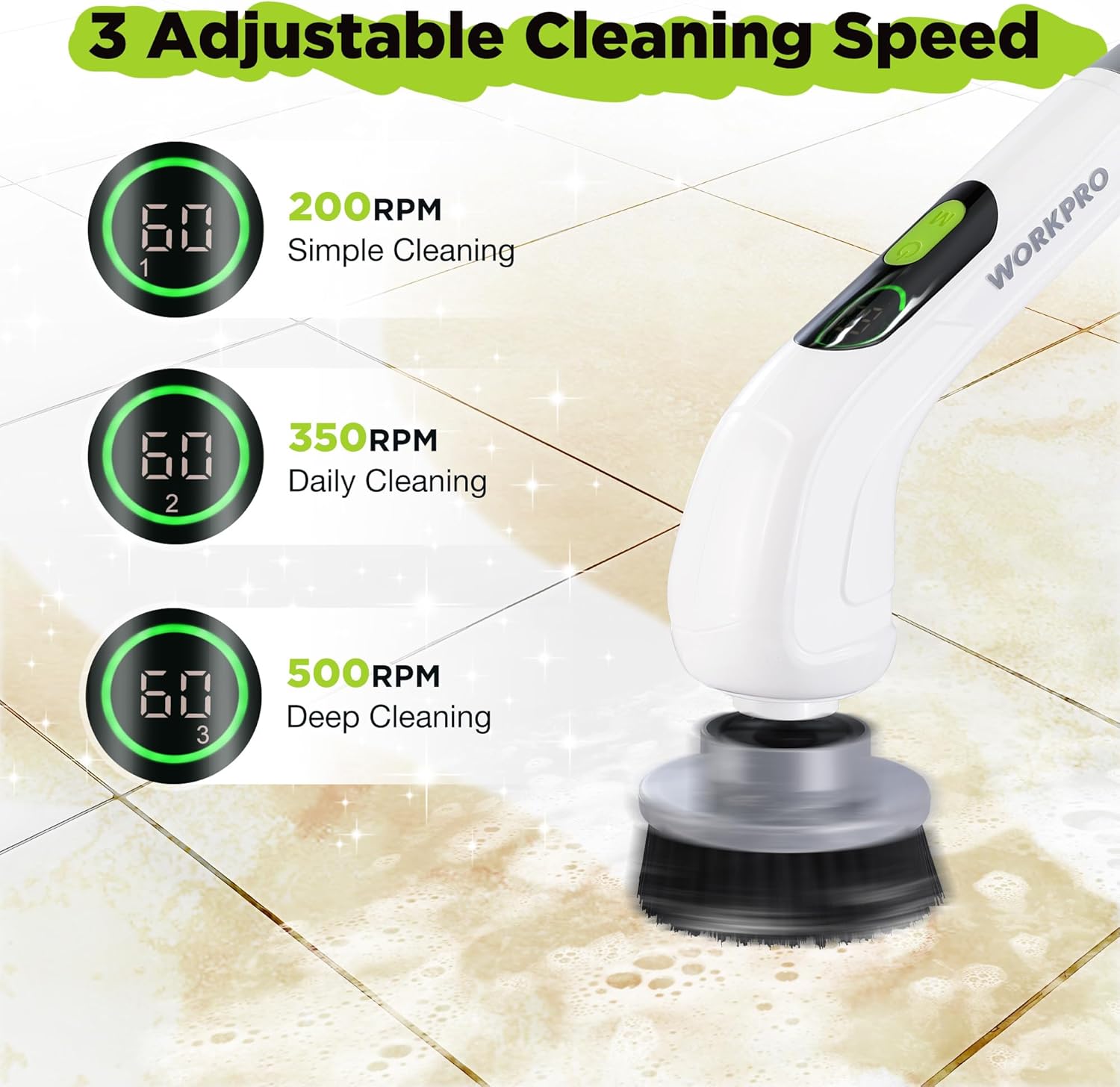 Cordless spin scrubber showing three-speed control and spinning round brush head