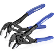 Two-piece WORKPRO pliers set with adjustable groove-joint jaws, blue-and-black handles