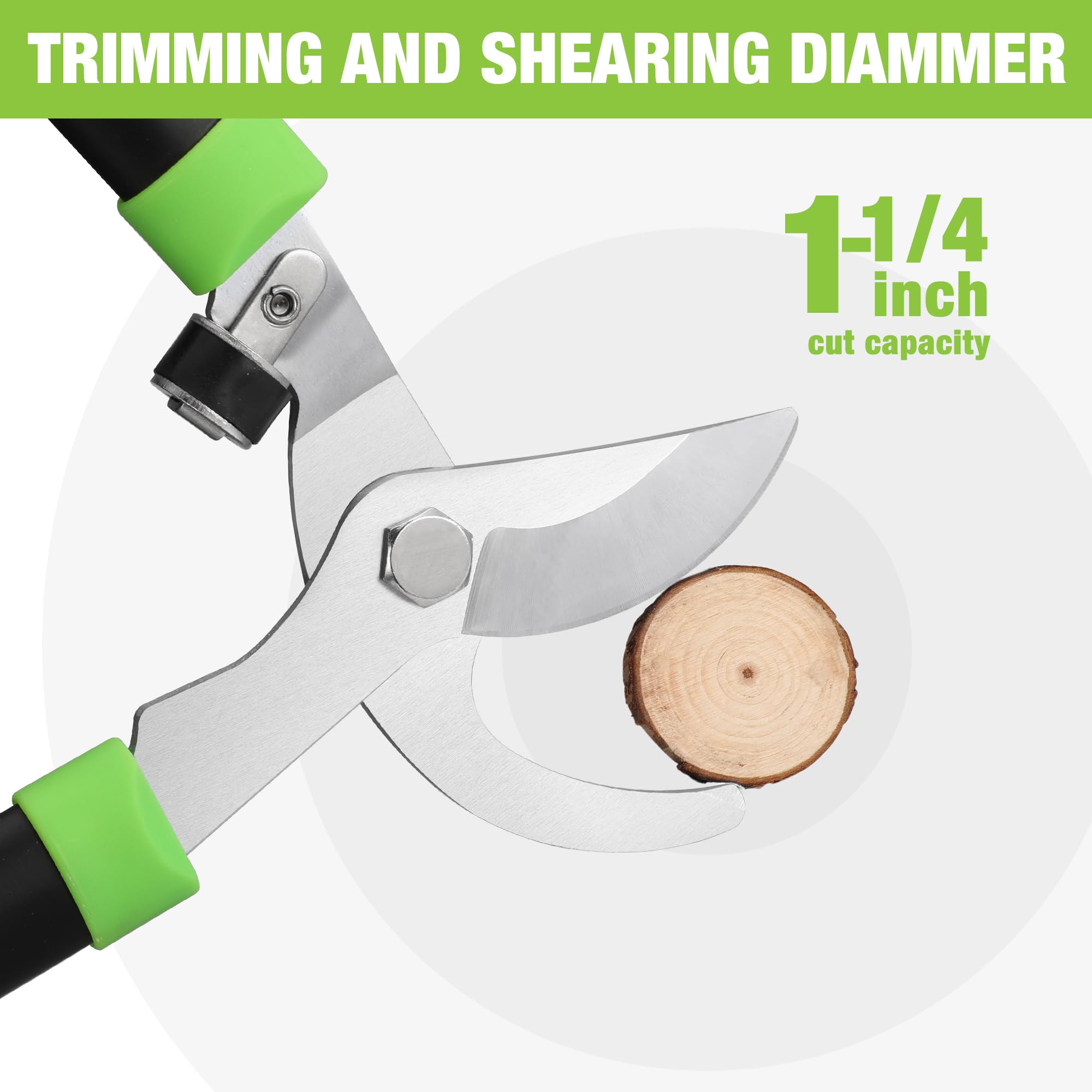 Bypass lopper cutting a log; silver blades, green grips, 1-1/4 in cut capacity