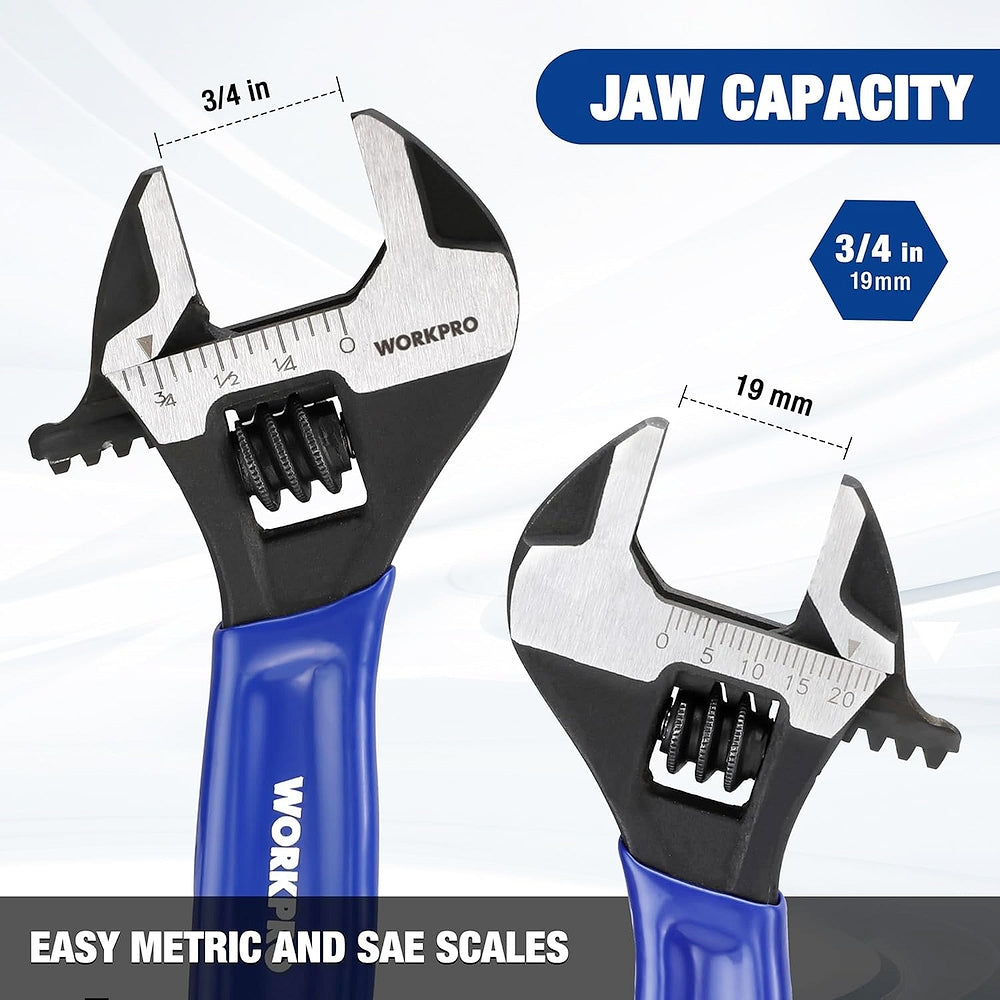 Mini adjustable wrench with 3/4 in jaw capacity and metric/SAE scale markings on head