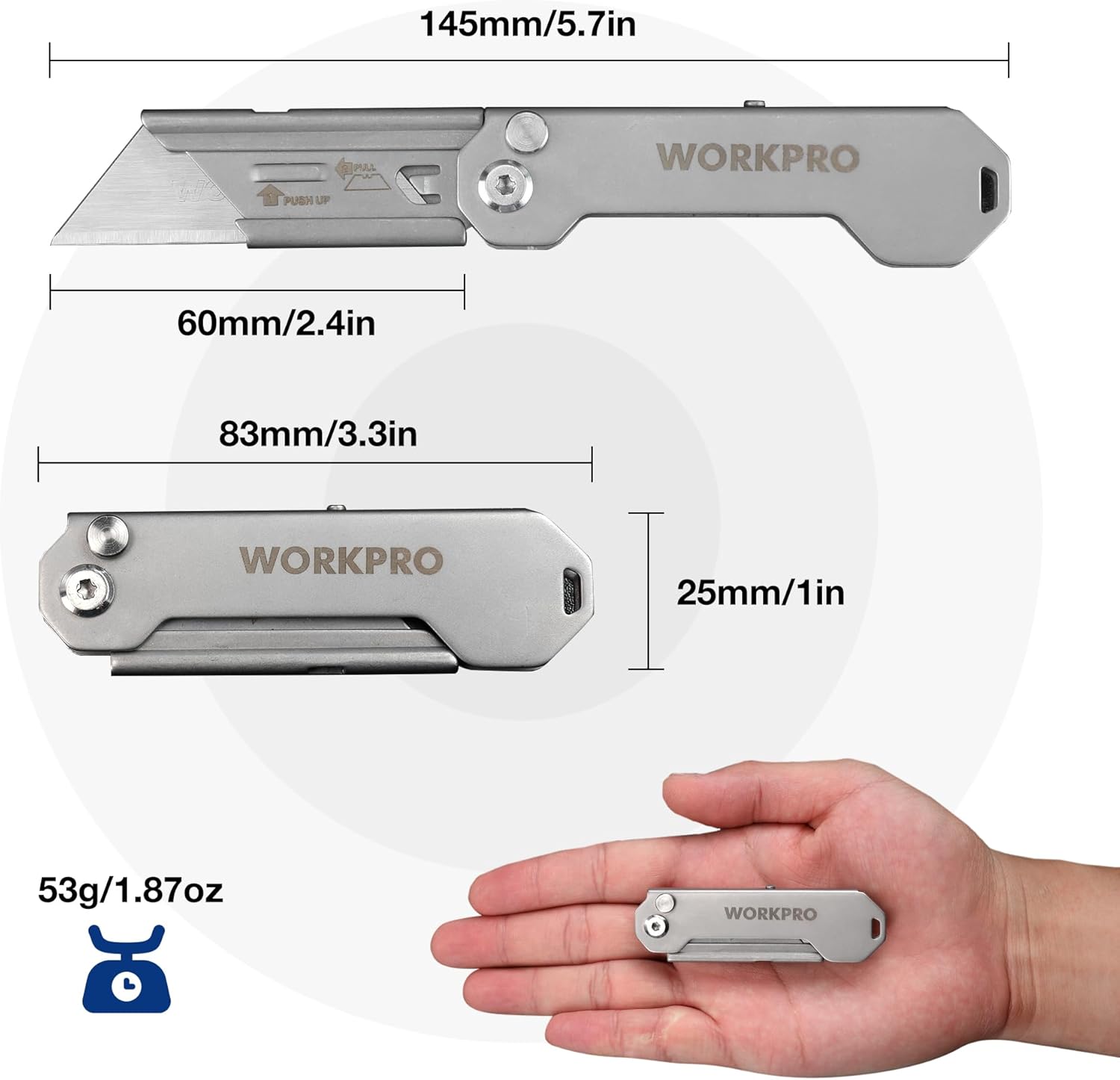 WORKPRO compact folding utility knife with blade extended; size shown in inches