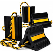 4-pack rubber wheel chocks, black wedges with yellow reflective strips and braided rope