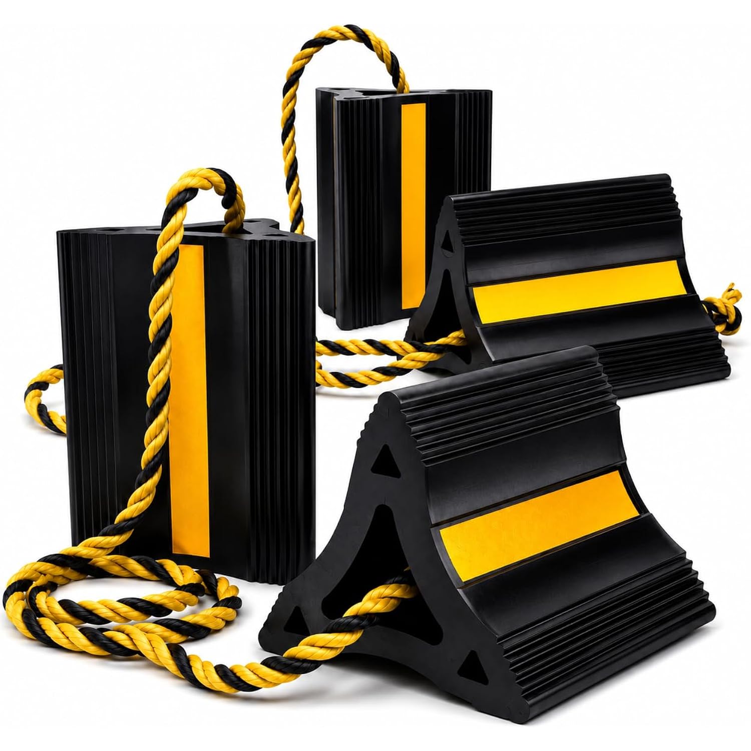 4-pack rubber wheel chocks, black wedges with yellow reflective strips and braided rope