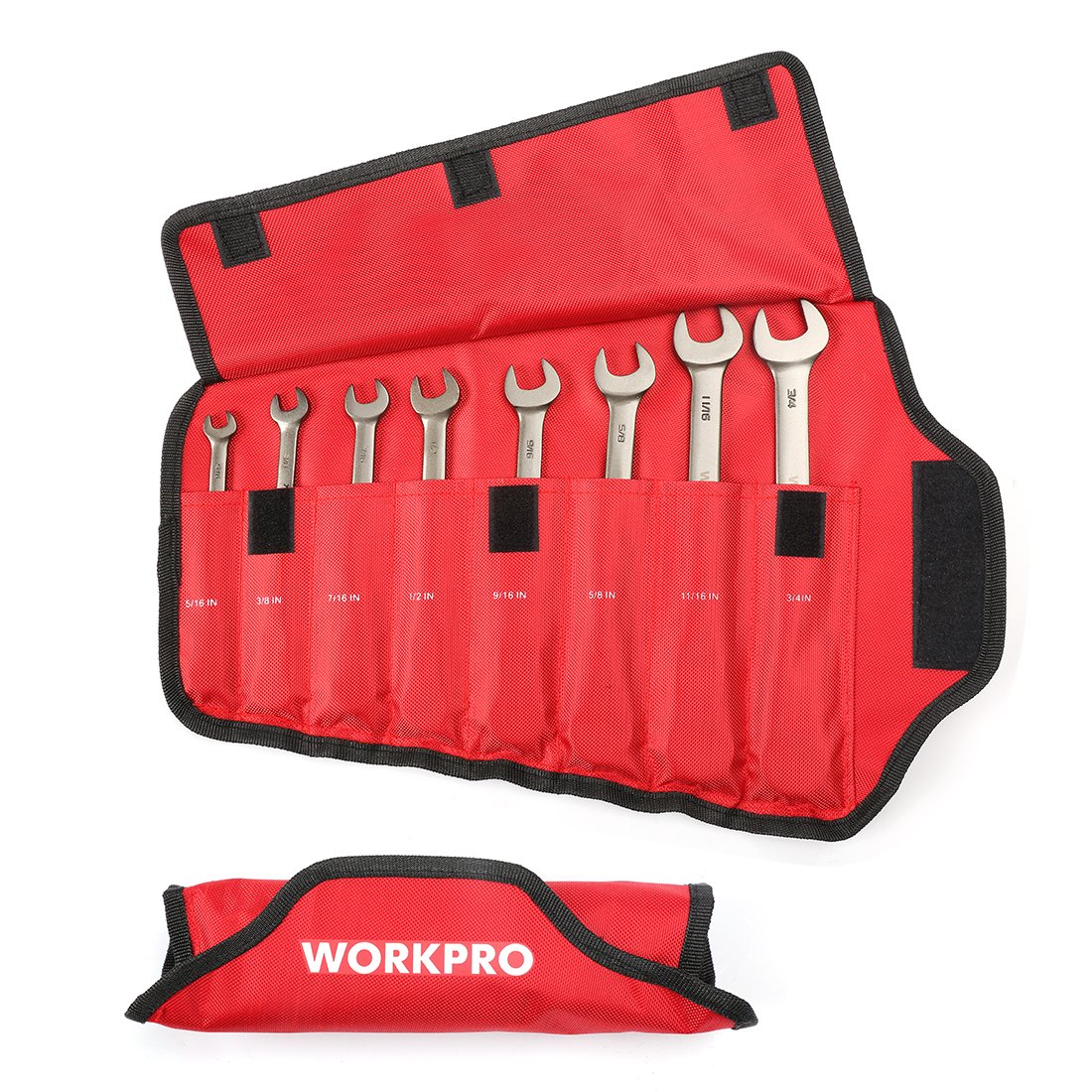 WORKPRO wrench set organizer bag, red fabric with black trim and wrench pockets