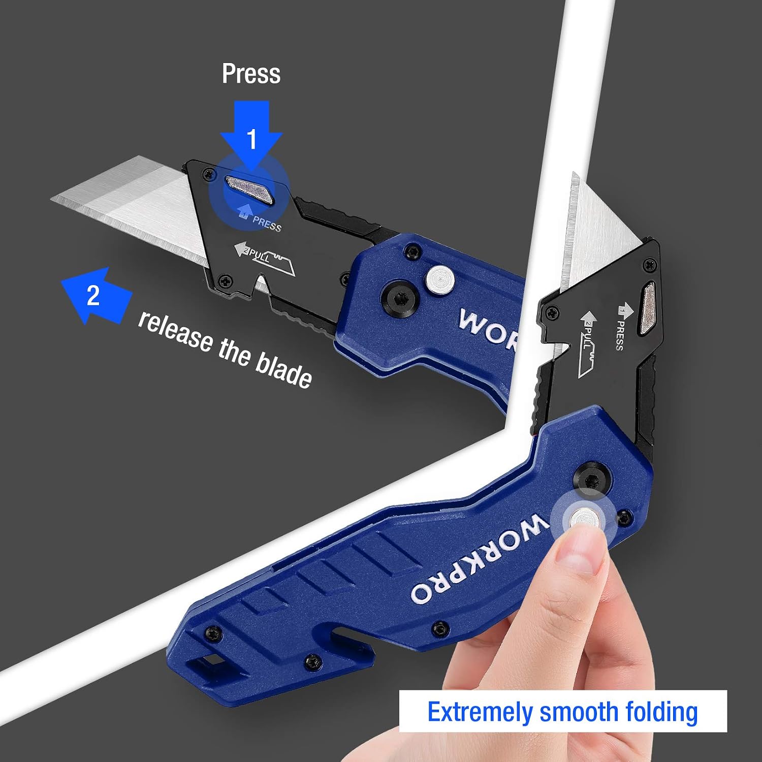 WORKPRO Folding Utility Knife Lightweight Nylon Handle Utility Cutter with 10-piece Extra Blades, Blue