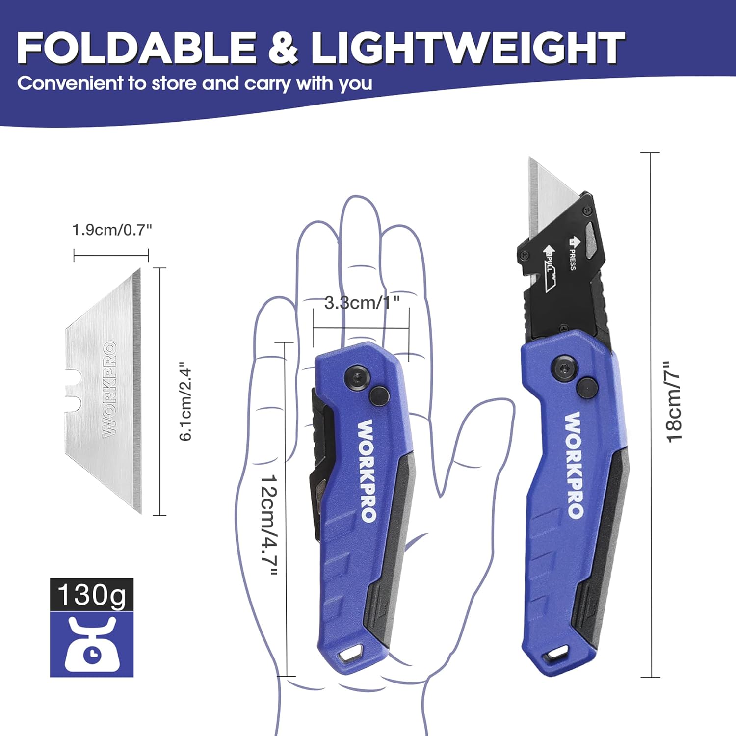 WORKPRO Folding Utility Knife, Quick Change Box Cutte 13 Extra Blades Included, Blue