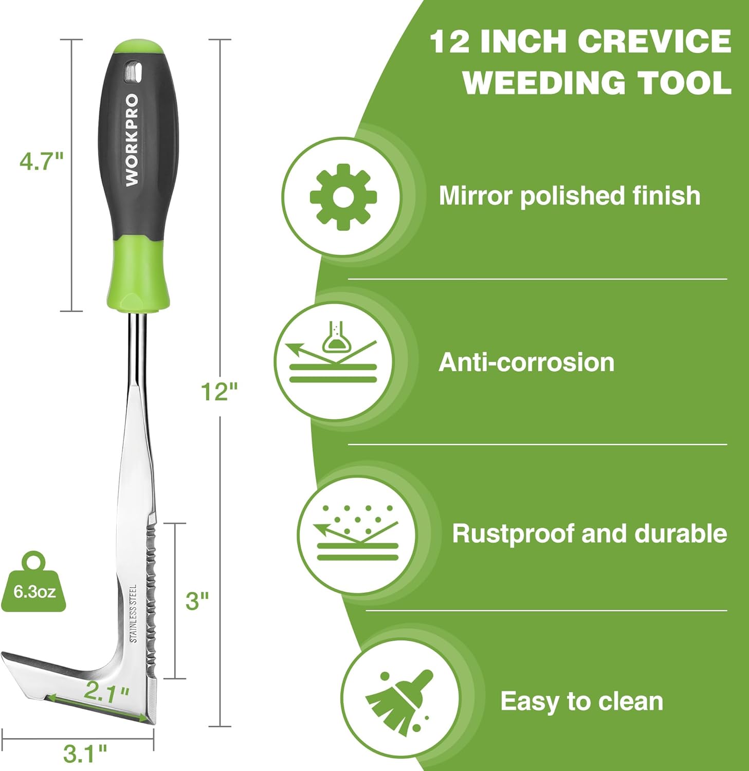 Stainless steel crack weeder tool with soft green-and-black handle for crevice weeding