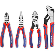 Four pliers with silver heads and red-blue handles, each with different jaw shapes