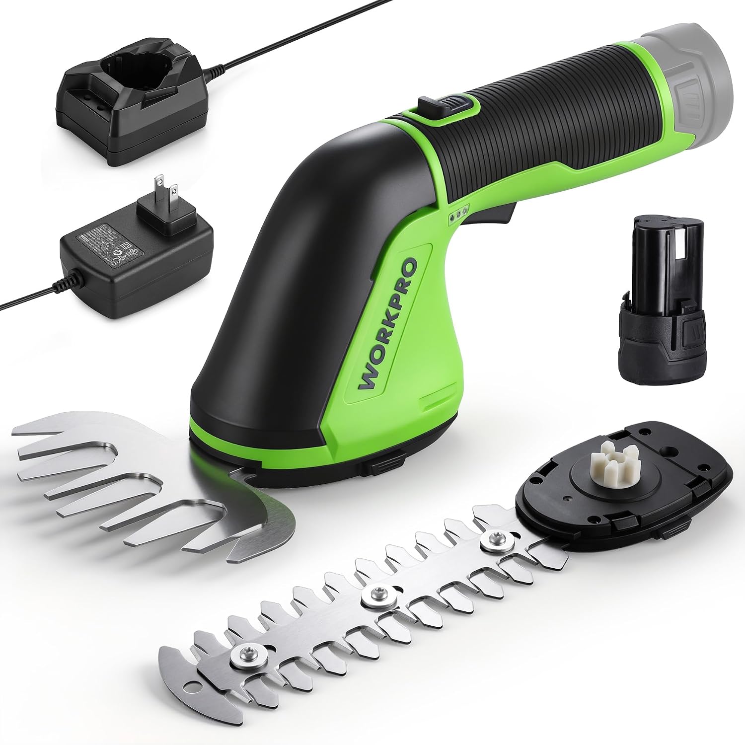 WORKPRO 12V cordless grass shear with grass and shrub blades, battery dock, and charger