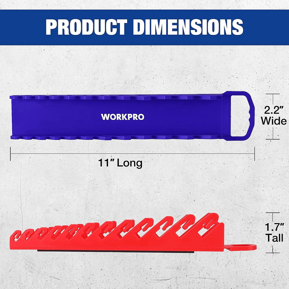 WORKPRO wrench organizer dimensions showing blue holder and red holder with loop handle