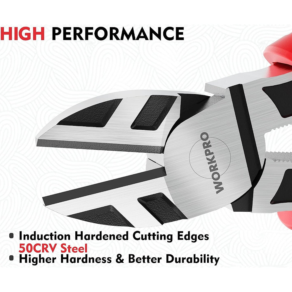 Wire cutter jaws with hardened cutting edges on diagonal pliers with red and blue handles
