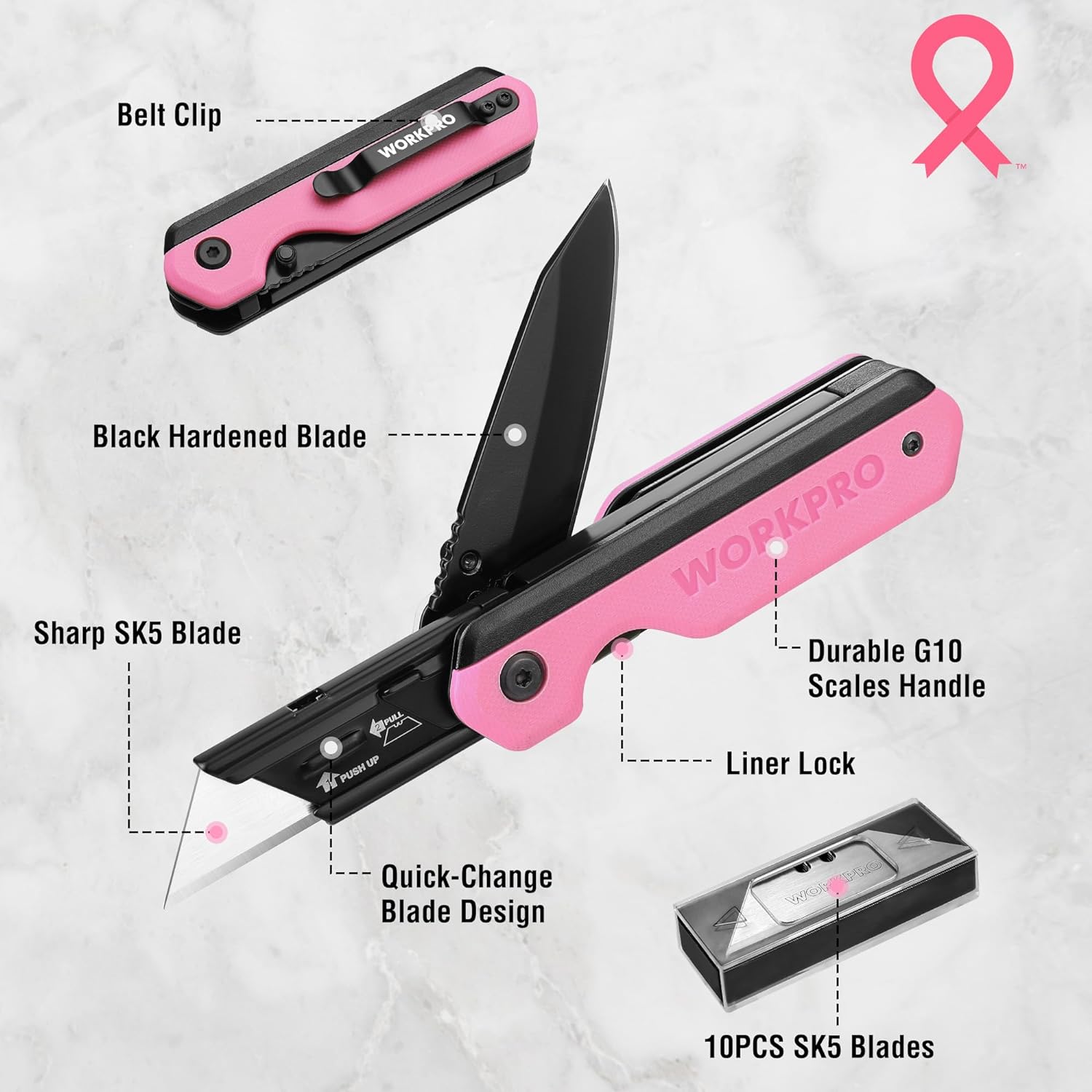 Pink folding utility knife with durable G10 handle, belt clip, and liner lock