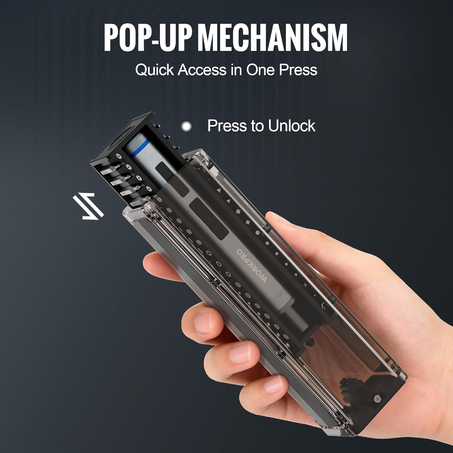 Precision screwdriver bit case with pop-up tray; hand presses to unlock