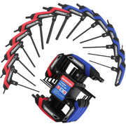 Complete T-handle hex key set with multiple wrenches arranged around a blue storage rack