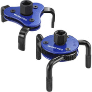 Close-up of blue and black adjustable oil filter wrench with textured non-slip feet