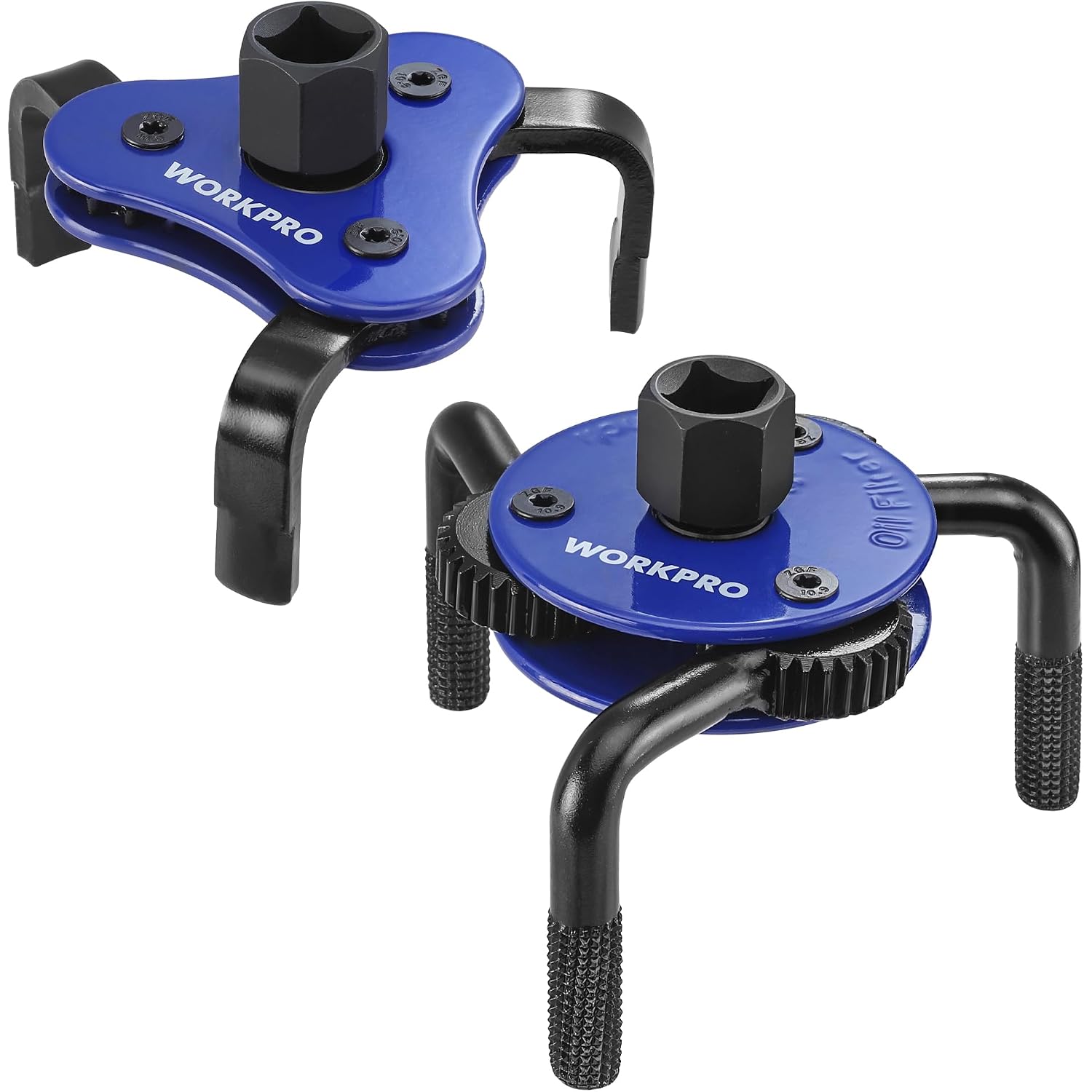 Close-up of blue and black adjustable oil filter wrench with textured non-slip feet
