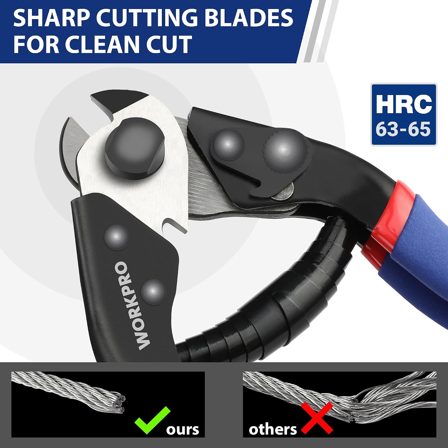 Cable cutter with sharp cutting blades and curved black jaws, blue handle