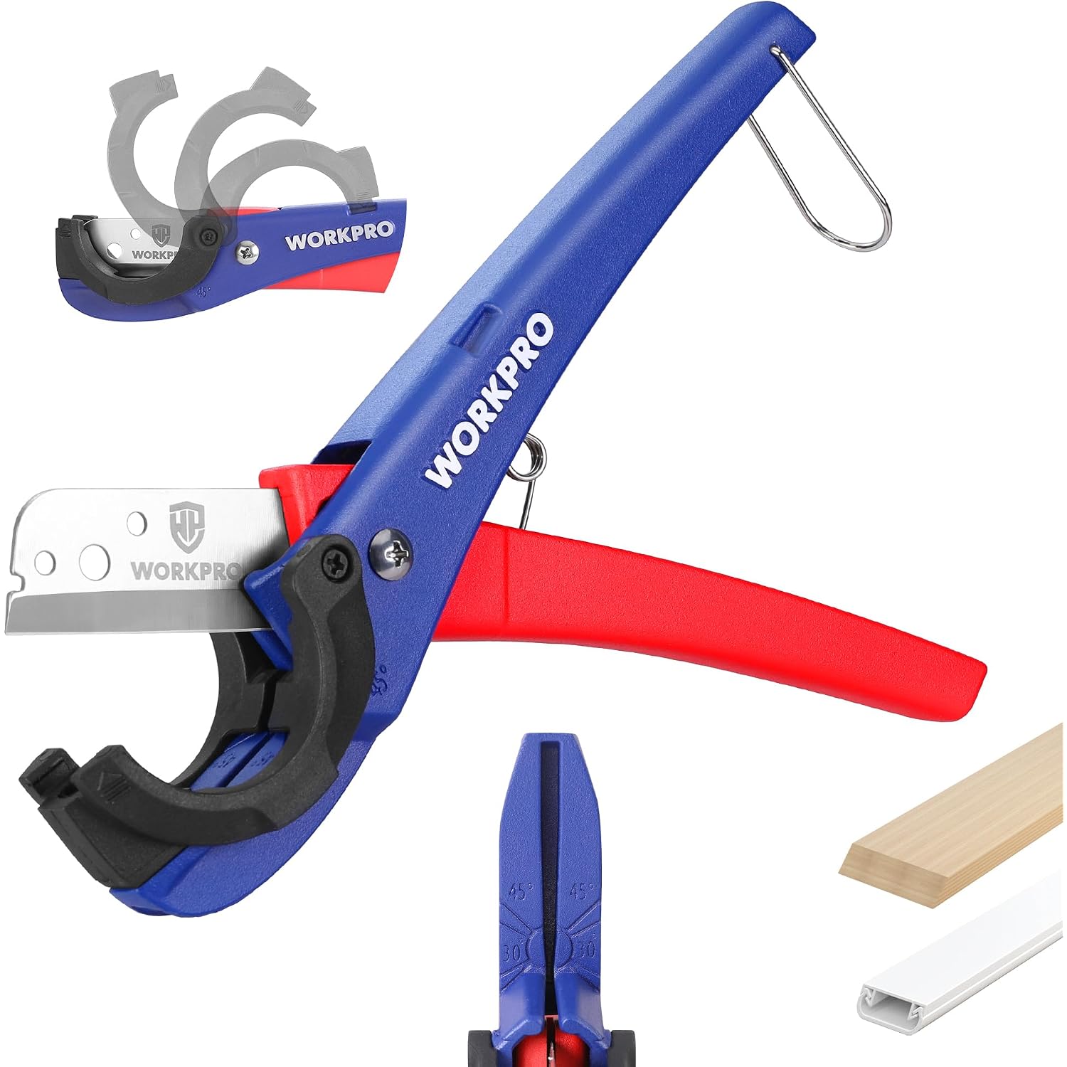 Blue and red pipe cutter with black curved blade and adjustable metal cutting arm