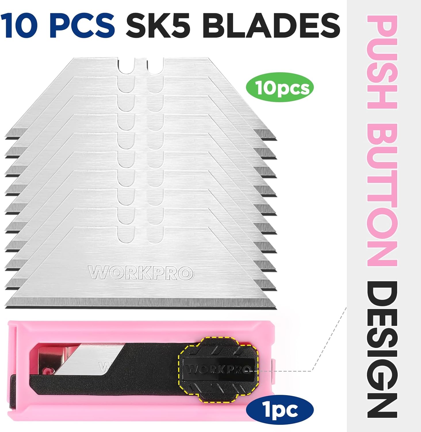 10-pack SK5 utility knife blades with pink storage case for quick blade changes