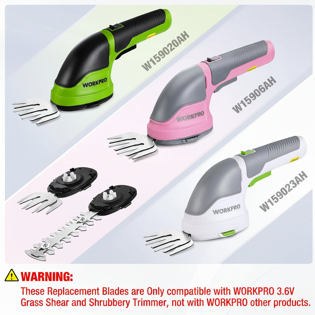 Replacement grass shear blade set with metal blades, screws, and black holders.