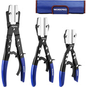 Set of three WORKPRO hose pinch-off pliers with serrated jaws and blue handles, plus pouch