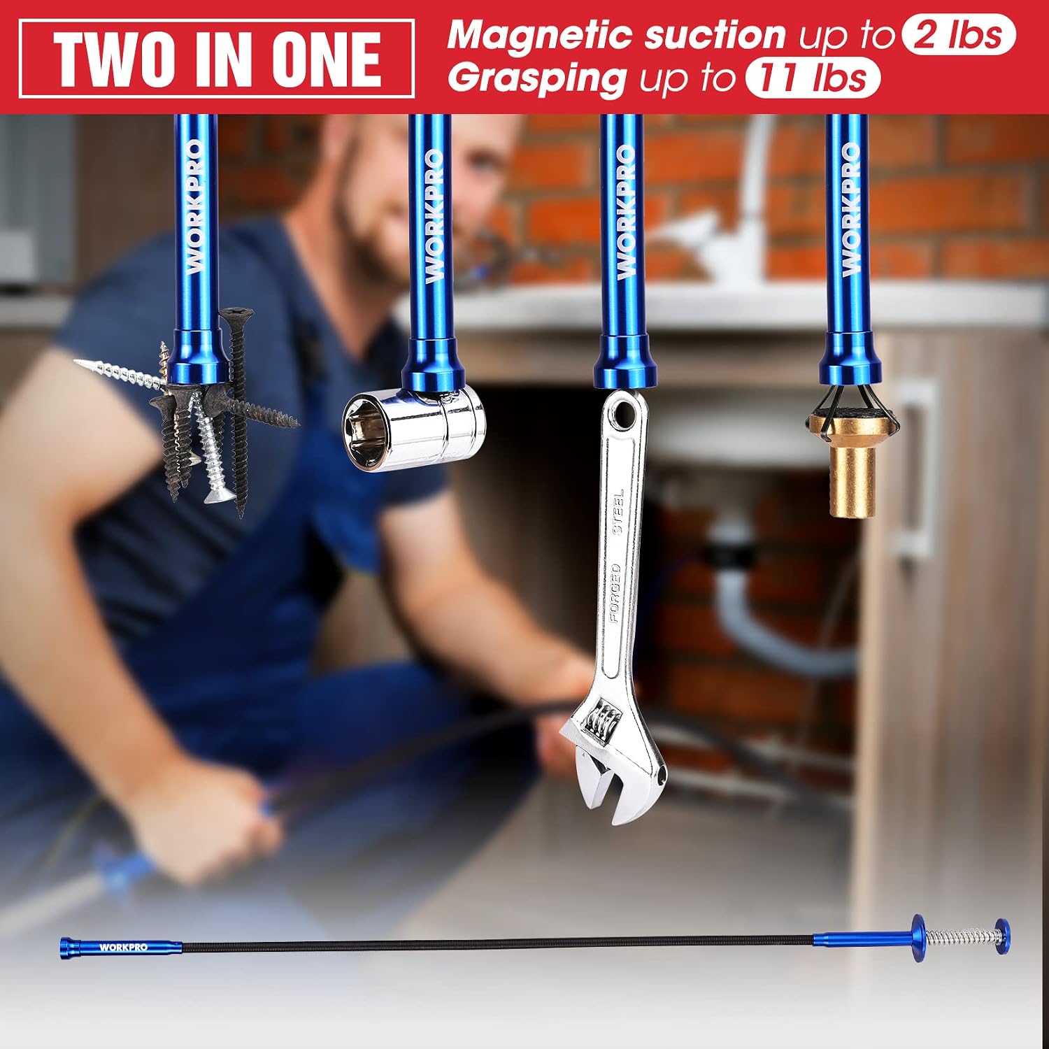 WORKPRO 4PC Telescoping Magnetic Pick Up Tool Kit in blue with innovation quality and durable secure pickup tools