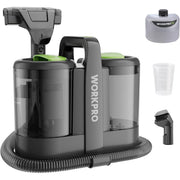 WORKPRO portable carpet spot cleaner with accessory nozzles and tanks, black and green