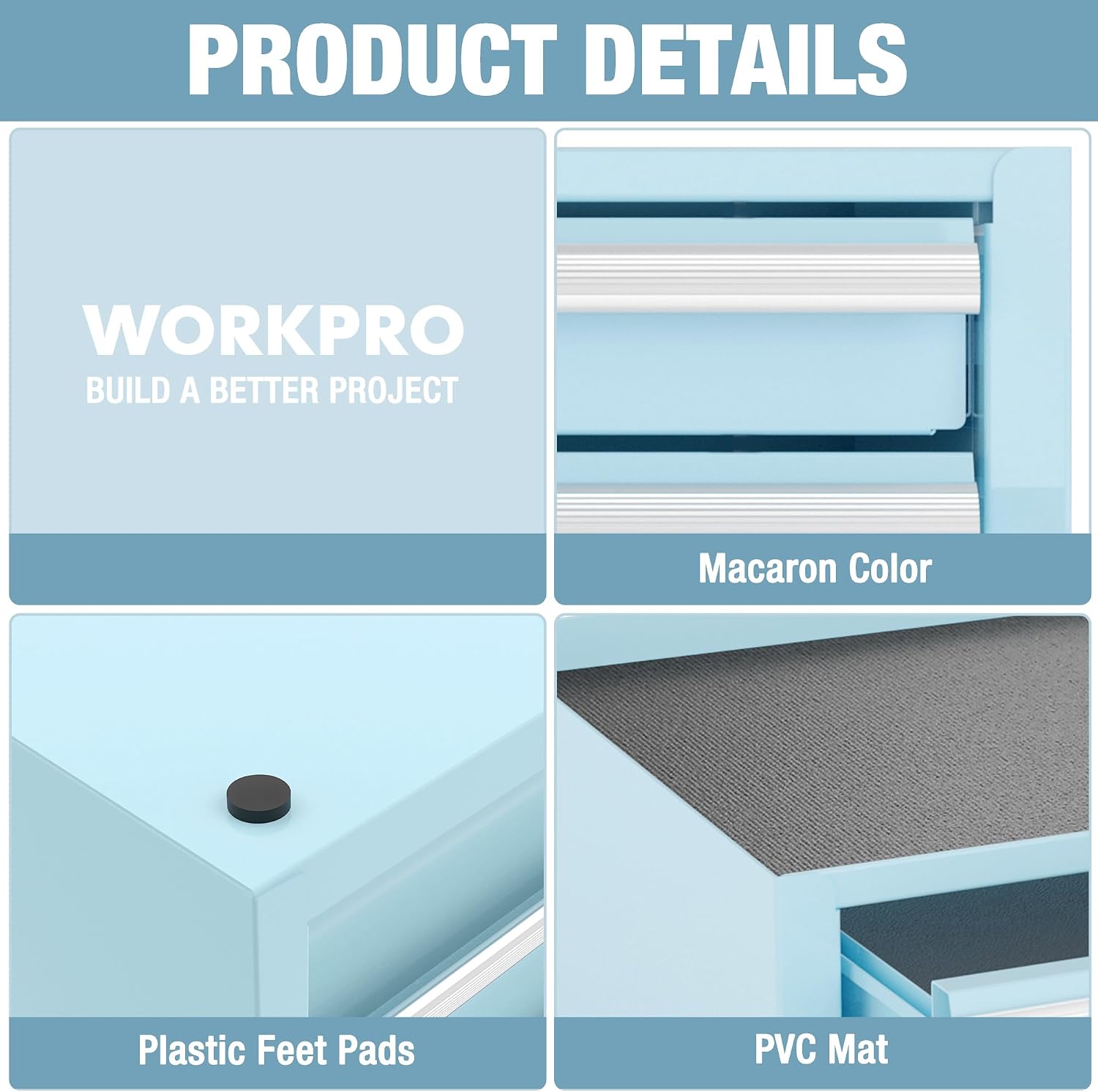 WORKPRO Portable & 12.5" Mini Metal Tool Box, Top Tool Chest Containing Two Drawers, Macaron Blue