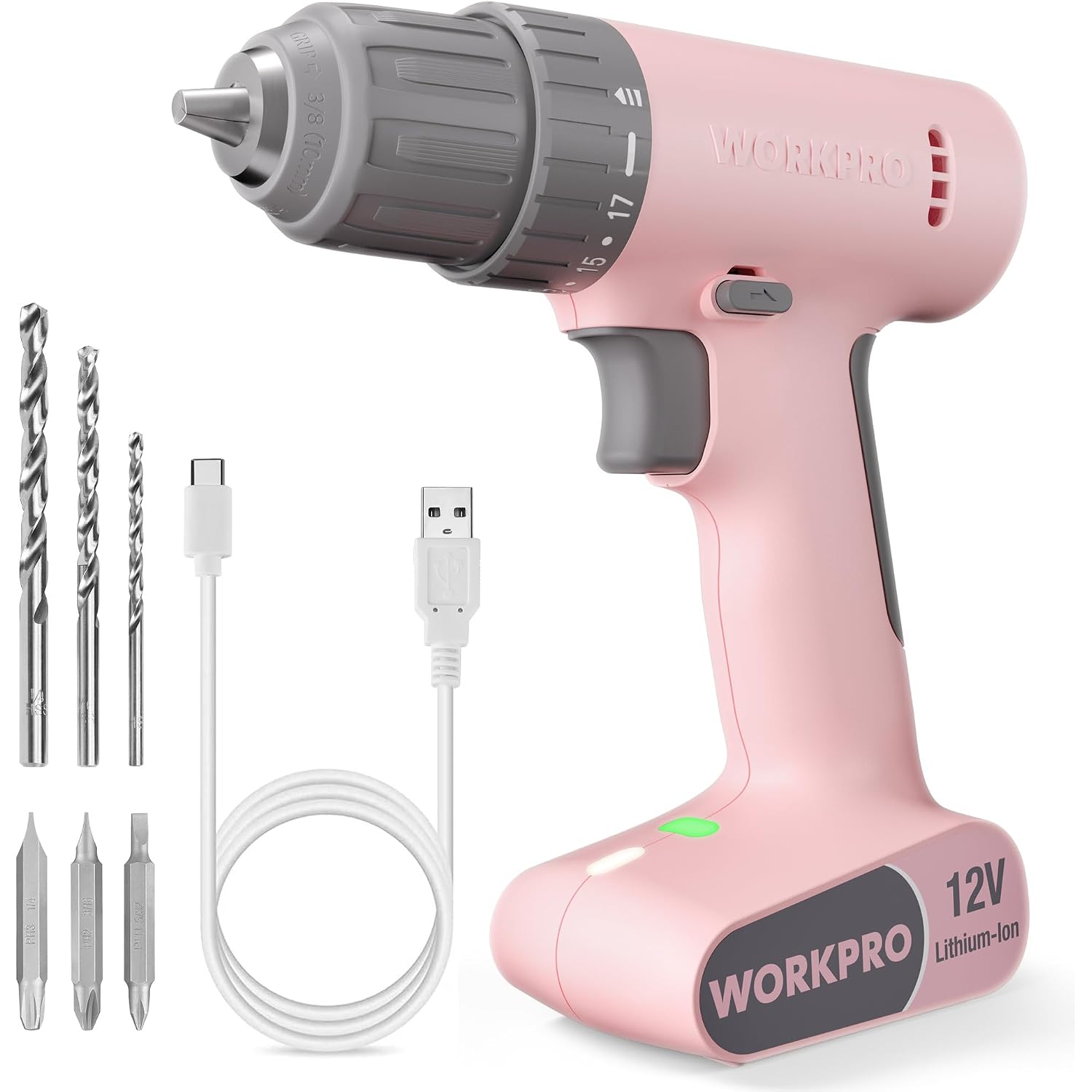 WORKPRO 12V Cordless Drill Driver Set with 6 Pcs Bits, 3/8-Inch Keyless Chuck, Variable Speed, 18 Touque Setting - Pink Ribbon